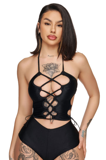 Top corto con cuello halter y cordones en los laterales, color negro